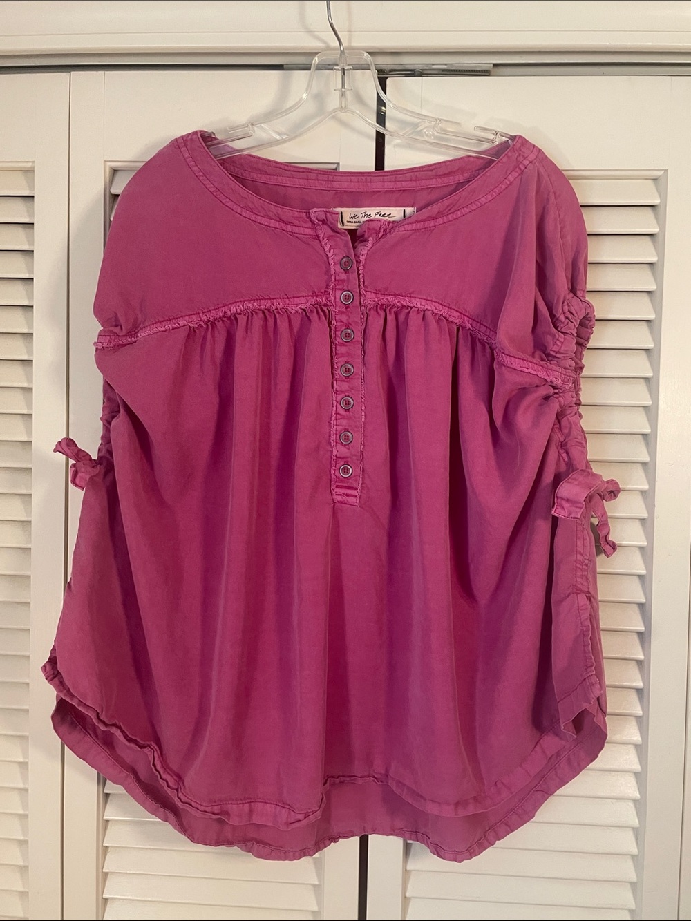 We The Free Button front short sleeve shirt Sz XS oversized pink tie arm cuffs
